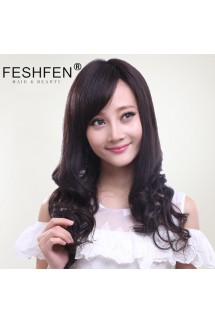 FESHFEN真發假發女時尚長發長卷發斜劉海手織透氣逼真梨花卷頭套