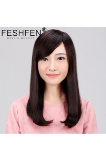 FESHFEN真發假發中長發梨花頭真人發絲時尚女士逼真機制手織頭套