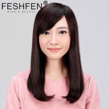 FESHFEN真發假發中長發梨花頭真人發絲時尚女士逼真機制手織頭套